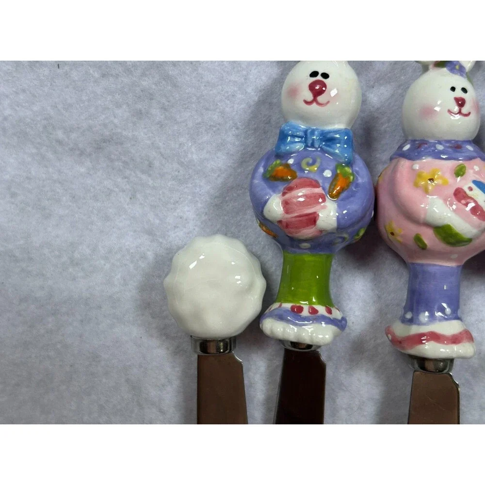 Set 5 Easter Bunny Rabbit Ceramic Cheese Butter Spreaders Knives Spring Decor